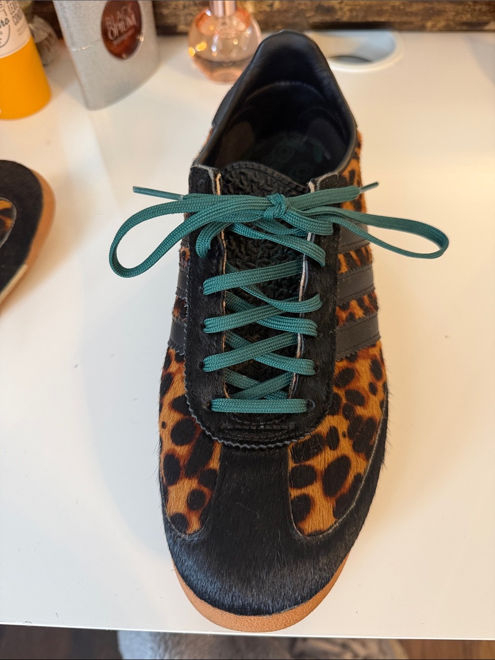 adidas Kids Leopard Print Sneakers with Green Laces